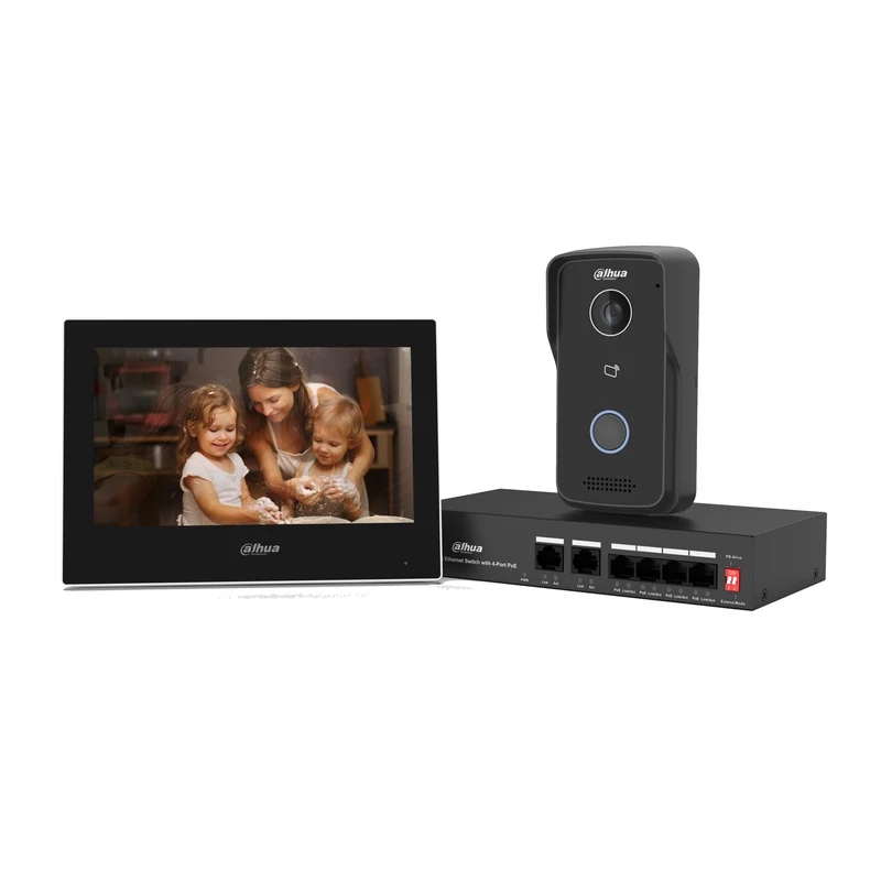 Zestaw wideodomofonu IP Dahua KTP03: panel bramowy VTO, monitor VTH i switch PoE