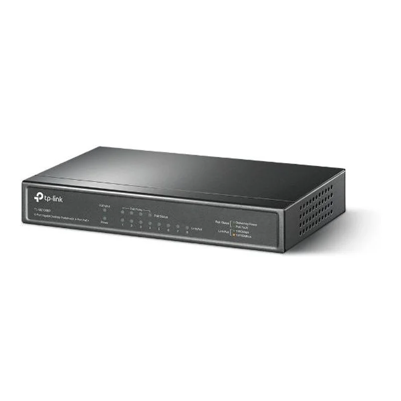 Switch TP-Link TL-SG1008P w metalowej obudowie, widok z przodu z diodami portów